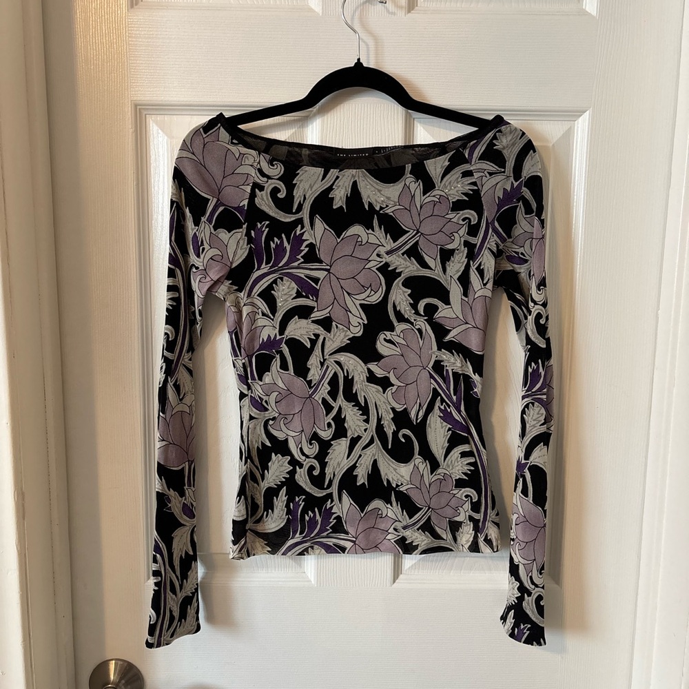 Vintage Black and Lilac Floral Wide Neck Top - Picture 9 of 10